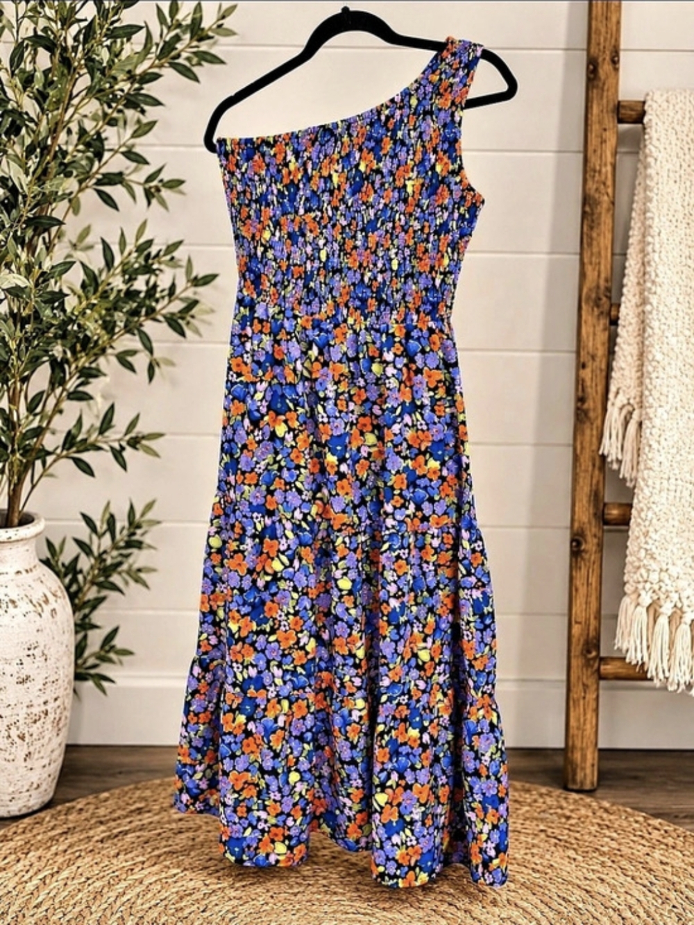 BTFBM One Shoulder Smocked Tiered Floral Midi Dress Medium